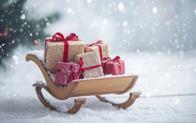 Santa Claus in a red suit delivers gifts by sledge through the snowy Christmas wonderland, surrounded by winter decorations and fir trees