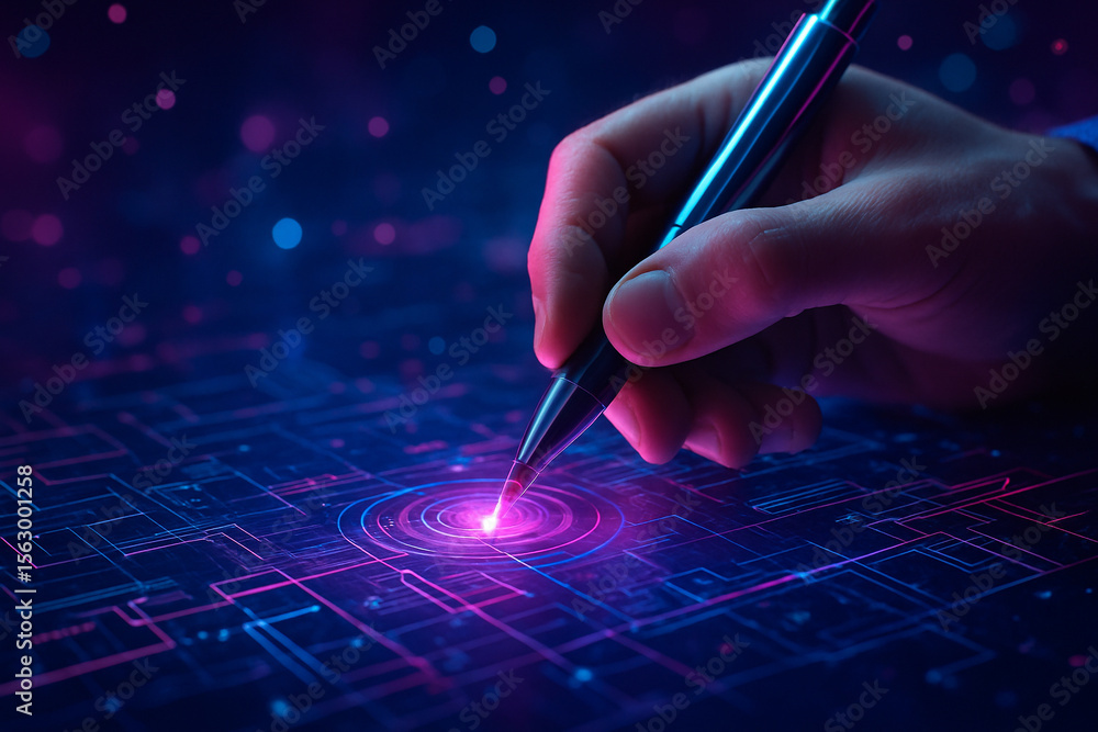 Aufkleber ai generated futuristic hand using stylus to design complex glowing interface on holographic screen 