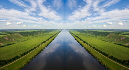 Obraz premium Aerial View of a Serene River Reflecting the Sky and Rolling Green Hills