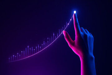 AI generated futuristic digital art of a glowing human hand interacting with a rising neon data curve symbolizing growth technology and decision making