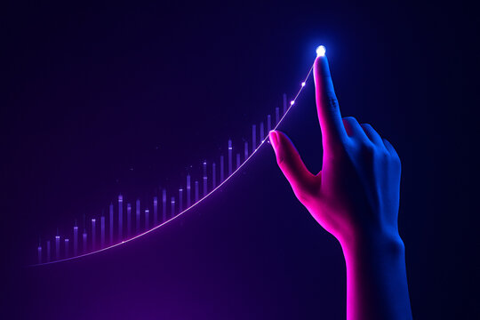 AI generated futuristic digital art of a glowing human hand interacting with a rising neon data curve symbolizing growth technology and decision making