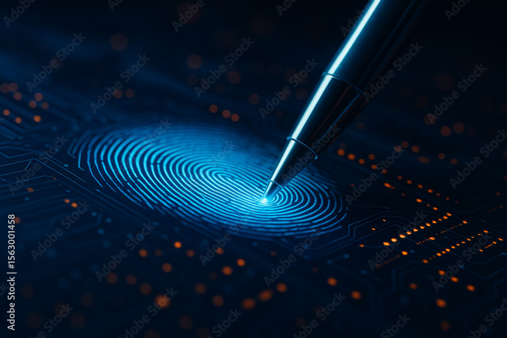 Poster ai generated digital stylus touches glowing fingerprint symbolizing biometric authentication on futu
