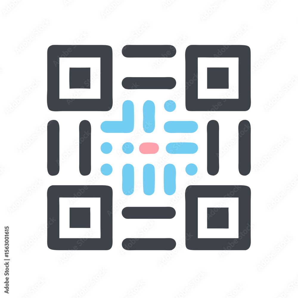 Poster stylized qr code with colorful inner elements on black backdrop