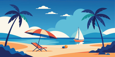 Obraz premium Tropical paradise: sun-drenched beach with palm trees and a clear blue sea