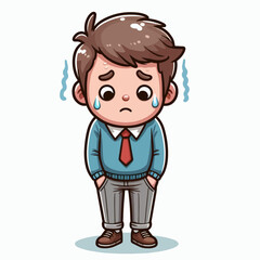Obraz premium Cartoon depiction of a young man in formal attire, appearing unhappy and sorrowful. He is standing with his hands in his pockets.