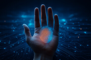 AI generated image showing a human hand with glowing fingerprint in center palm symbolizing futuristic biometric security and digital identity verification system