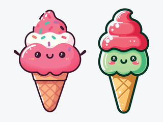 Cute smiling ice cream cones sweet dessert