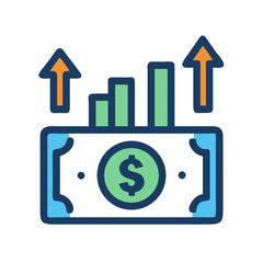 Dollar bill with growth graph and arrows pointing up