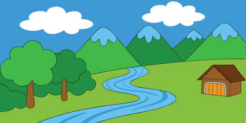 Fototapeta premium Summer landscape with green trees, hills, and distant mountains under a blue sky