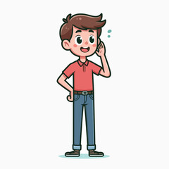 Obraz premium Cartoon depiction of a boy standing, with his hand pressed to his ear, demonstrating attentiveness. The style is flat and colorful, suitable for children's media.