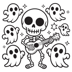 Skeleton Playing Guitar with Singing Ghosts | Halloween Music Line Art Page
