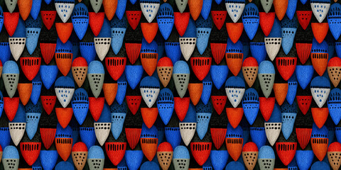 Seamless pattern based on Kenyan tribal art, featuring Maasai beadwork patterns, shield shapes, bold geometric lines, and vibrant colors