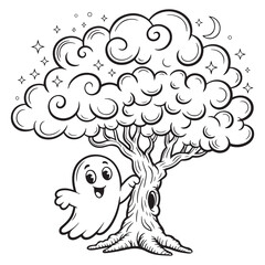 Fototapeta premium Ghost Hiding in Tree | Halloween Forest Line Art Coloring Page