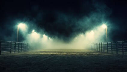 Foggy night arena, illuminated by lights, with a dark, mysterious background. Possible use stock image for website