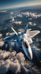 Fighter jet soaring above clouds and mountains