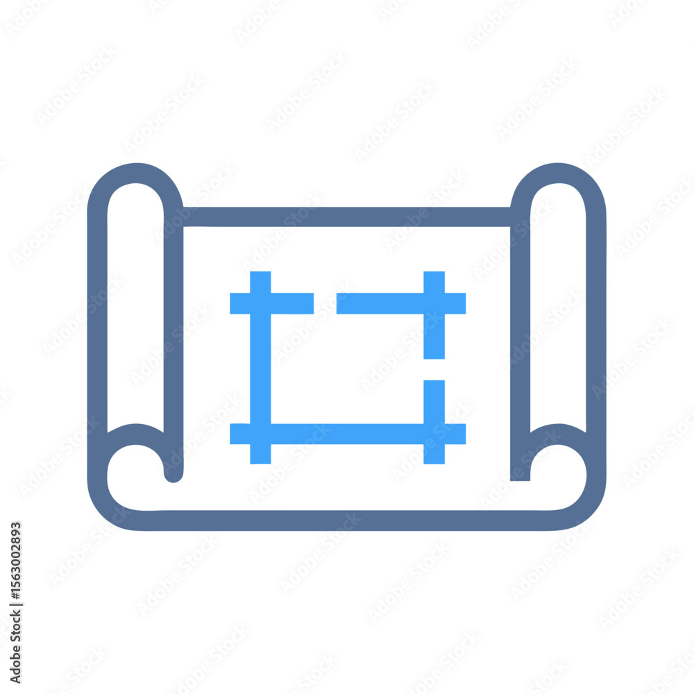 Poster blueprint icon displaying architectural plans on a scroll shape