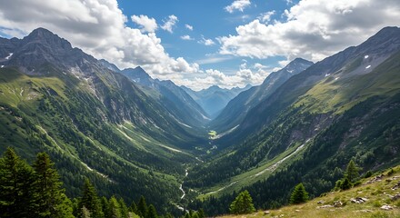 Fototapeta premium Majestic Mountain Valley Landscape Under a Bright Blue Sky with Fluffy Clouds