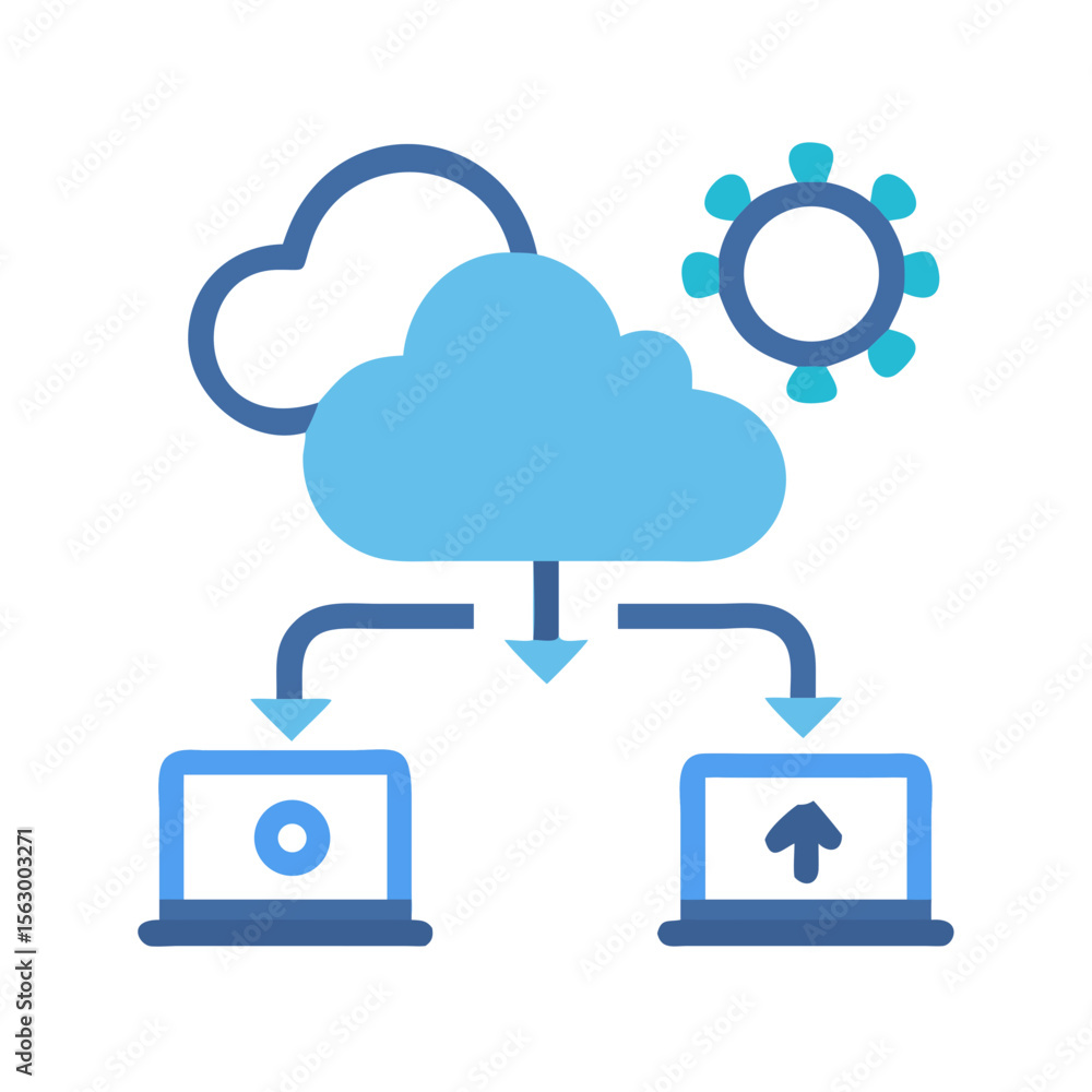Poster cloud computing concept illustrating network data flow with laptops