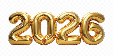 realistic 3d 2026 text made with different gold colour  hellium balloon isolated on transparent background