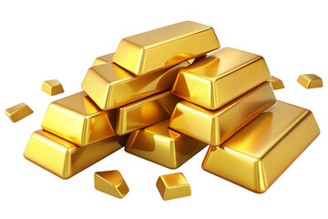 A pile of shiny gold bars and small gold nuggets isolated on transparent background