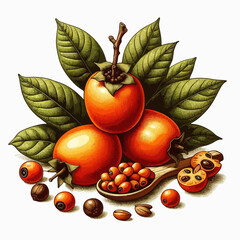Vibrant artistic depiction of persimmon fruits, leaves, and other assorted botanical elements, arranged on a white backdrop.