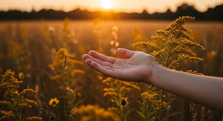 Fototapeta premium Reaching Hand in Golden Sunset, Touching Nature's Beauty and Warmth