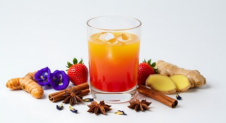 Refreshing Layered Drink with Ice, Strawberries, Spices, and Exotic Flowers