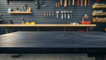 Empty dark workbench in a well-equipped workshop