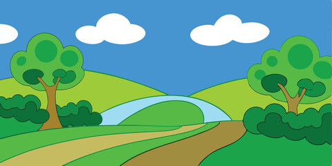 Fototapeta premium A vibrant summer landscape vector illustration with green hills, trees, and a clear sky with clouds