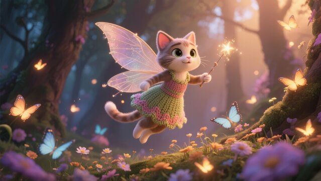 Enchanted Kitten with Fairy Wings in a Magical Forest