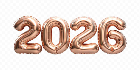 realistic 3d 2026 text made with different gold colour  hellium balloon isolated on transparent background