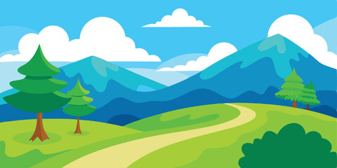 Obraz premium Serene summer mountain landscape with green trees, a clear blue sky, and a flowing river