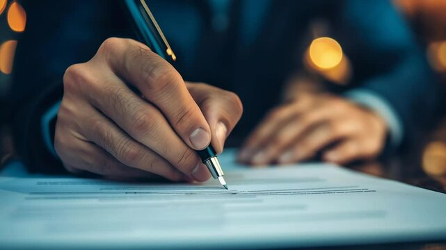 A man is writing with a pen on a piece of paper. Concept of importance and focus, as the man is likely drafting a document or writing a letter. The act of writing with a pen suggests a more personal