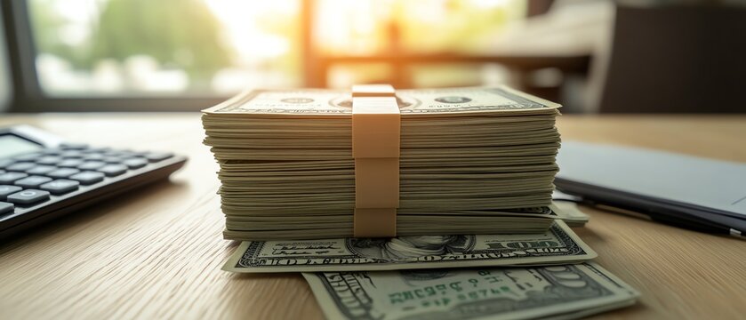 Bundle of cash on a wooden desk with tools.