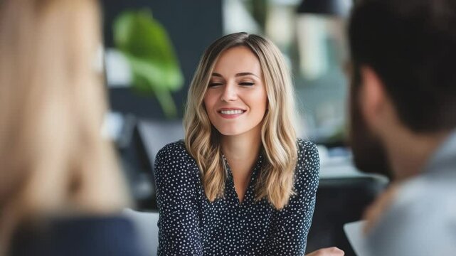 Young woman smile blonde casual meeting office environment polka dot blouse teamwork discussion positive expression business casual indoor setting smiling woman blonde hair black and white polka dot