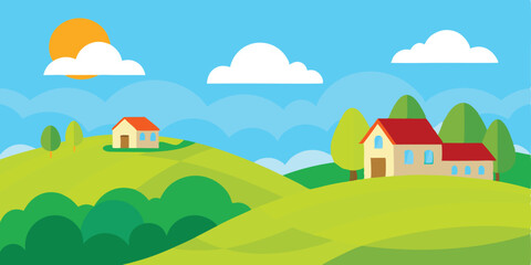 Fototapeta premium Beautiful summer landscape with village houses, trees, and green grass under a clear sky