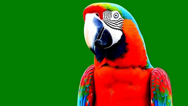 Captivating parrot in vibrant colors on green screen background showcases avian beauty
