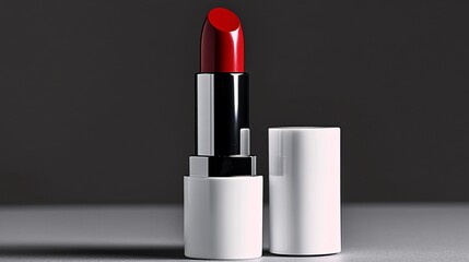 Red lipstick standing upright beside its open cap isolated on gray background with soft shadows
