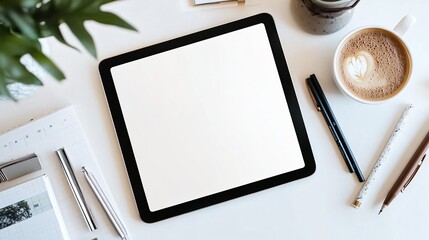 Digital tablet mockup on white workspace with cup and office supplies in minimal flatlay style