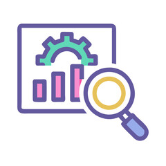 Analyzing business data with gear and magnifying glass icon