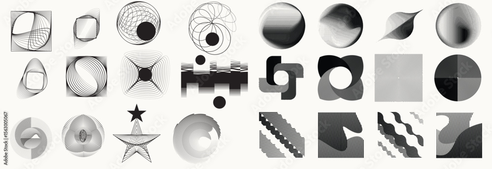 Poster collection of vector design elements. set of logos with lines, stripes and circles. various forms of