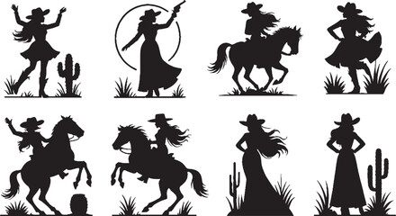 Fototapeta premium Cowgirl silhouettes western desert scenes cowboy hat