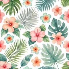 Seamless pattern of hibiscus flowers and tropical palm leaves in green, pink, and orange on white background. Watercolor floral illustration. 