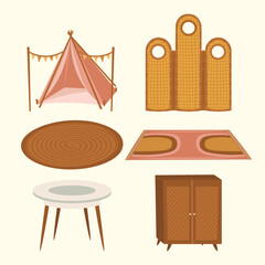 Set of Household Bohemian Interior Illustration