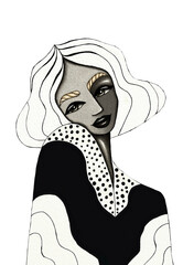 Portrait, painting, drawing in contemporary, retro, traditional art style of a young, beautiful woman, girl with curly, blonde hair, black makeup and black and white dress, png, cut out, isolated