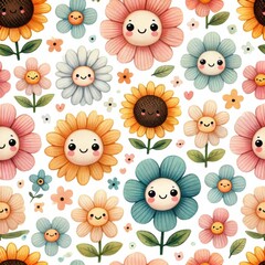 Seamless pattern of cartoon flowers with smiling faces in pastel colors on white background. Digital kawaii illustration. 