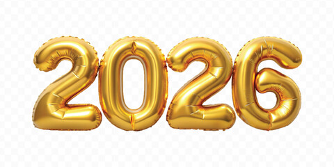 realistic 3d 2026 text made with different gold colour  hellium balloon isolated on transparent background