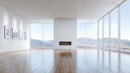 Modern minimalist interior design of spacious living room with large windows showcasing mountain views and elegant wooden flooring, inviting natural light