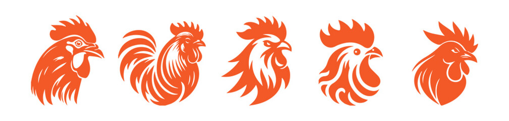 Set of Stylized Rooster Head Silhouettes in Orange