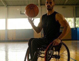 Sporty man in a wheelchair playing basketball in an indoor gym with action and focus